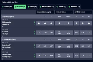 Captura de ecrã das apostas ao vivo em jogos de futebol dos campeonatos da Argélia e Suécia na plataforma Solverde